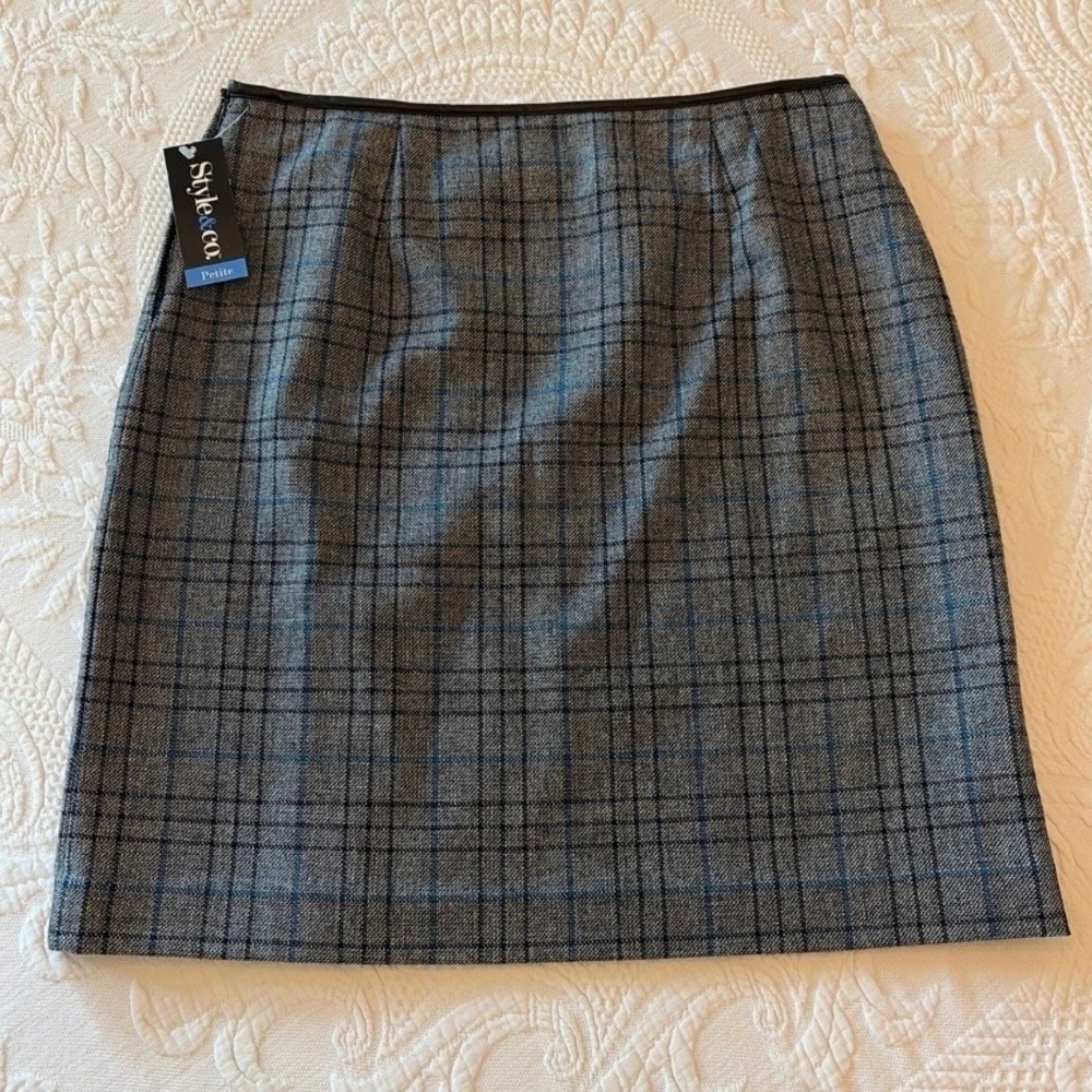 Style & Co Petite Grey Blue Plaid Wool Blend Tweed Skirt Faux Leather Trim 12P